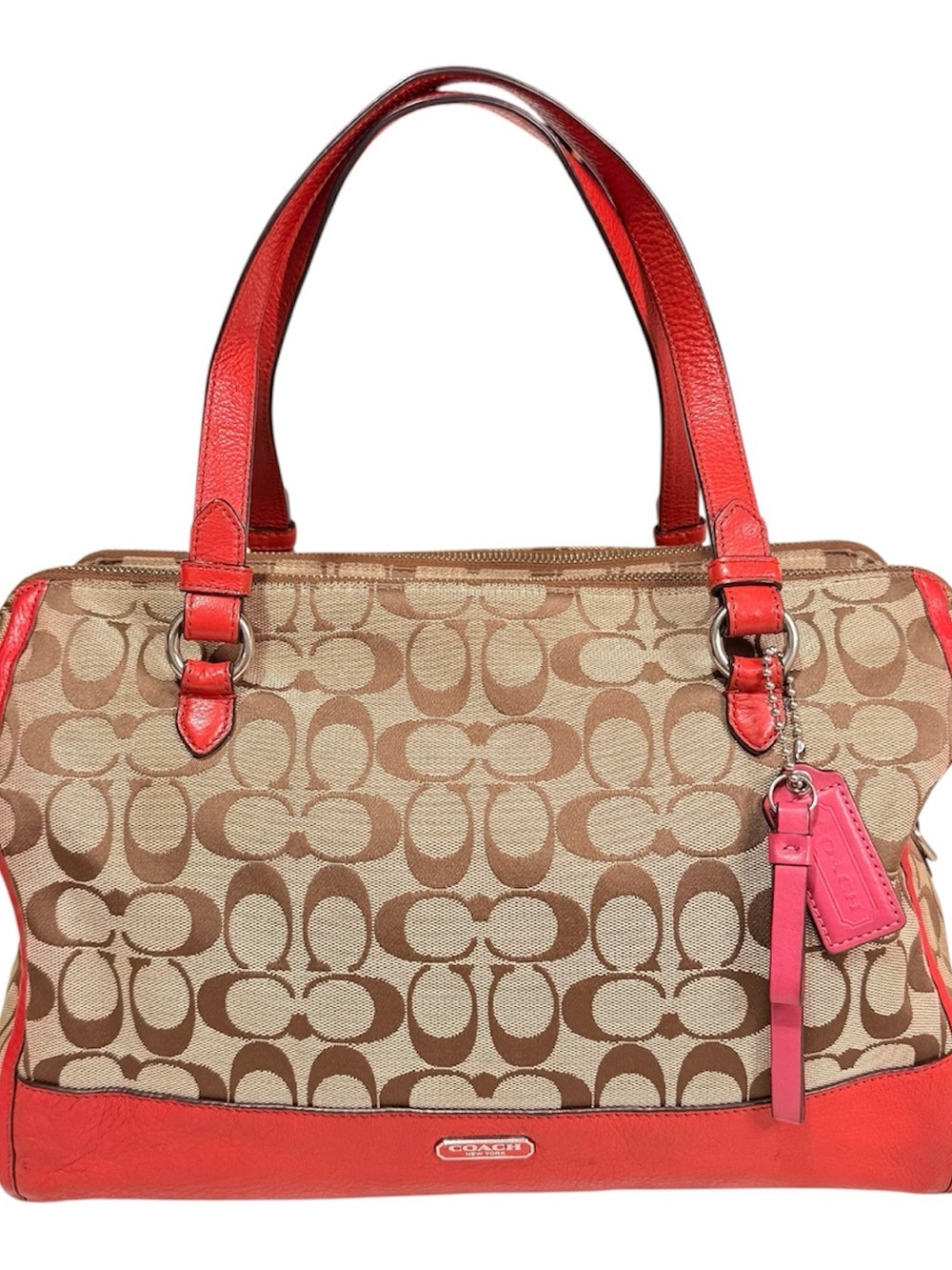 Coach Beige Signature Canvas Satchel with Red Leather Trim - Picture 1 of 16
